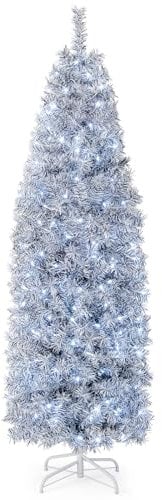 GYMAX 180 cm Albero di Natale, con 250 Luci a LED, 475 Rami in PVC e PET, Folto e Realistico, Base Pieghevole in Metallo, Montaggio Facile, Nero e Bianco