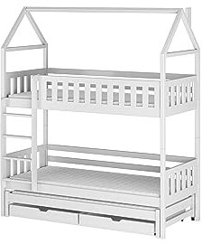 LanoMeble Dreifach-Etagenbett IGA 80x170 Kiefernholz, Ausziehbett und geräumige Schubladen für Bettwäsche