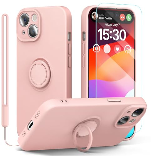 pcgaga Silicone Phone Case for iPhone 15 Plus with Screen Protector [Ring Holder Stand] [Wrist Strap] [Microfiber Lining] Slim Shockproof Protective Cover, 6.7,Pink
