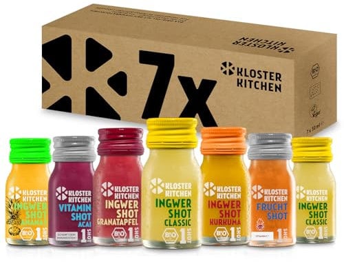 Geschenke für Erwachsene Männer Frauen | Kloster Kitchen Bio Ingwer Shot Mix | 7 Flaschen á 30 ml mit echten Ingwerstückchen I vegan Glasflasche 7x3,3 cm |