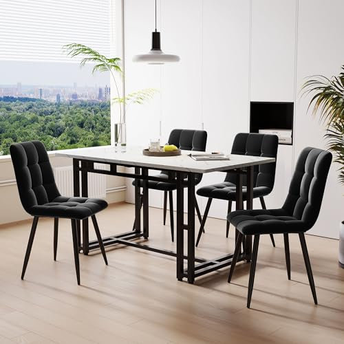 Moimhear Juego de Mesa de Comedor Negro 120x70cm Con 4 Sillas de Terciopelo - Moderno Set de Cocina Con Patas de Hierro