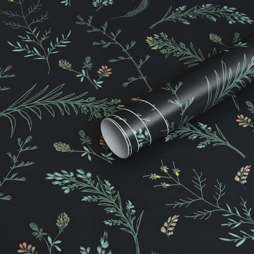 Timeet Peel and Stick Wallaper Black Self Adhesive Wallpaper Leaves Flowers Botanical Pattern Sticky Back Plastic Smooth Waterproof Interior Decor Vinyl Film for Wall Furniture DIY 41x300cm