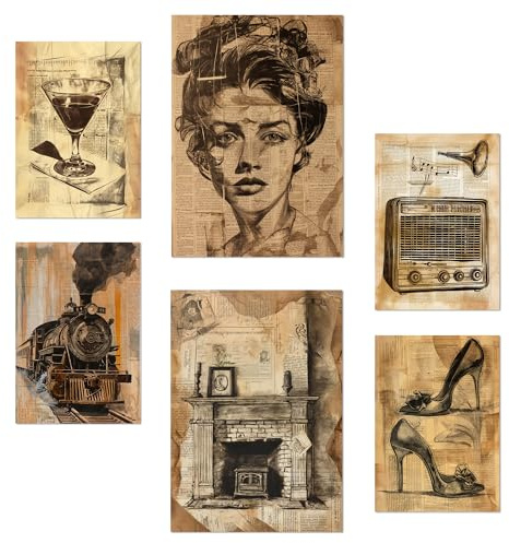 Nacnic 6er-Set Vintage-Leben. Wein, Schleppschuhe, Radio, Frau. Wein, Schleppschuhe, Radio, Frau Poster mit Designillustrationen zur Dekoration der Wände Ihres Zuhauses Räume Laden A3 & A4 Rahmenlos