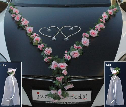 VIP Girlande 30 Azaleen 30 Rosen 18 extrastarken Saugnäpfen 2 x 180 cm Girlande 4 Türgriffdekorationen 2 Rattanherzen Braut Paar Autoschmuck Hochzeit Car Auto Wedding PKW ®Auto-schmuck (Rosa 2)