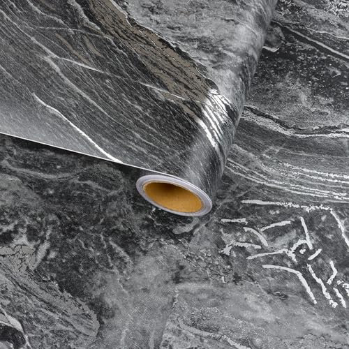 VaryFloral Matte Marble Effect Wallpaper 30cmx300cm Peel and Stick Wallpaper Silver Self Adhesive Contact Paper Black Sticky Back Plastic Thickened Worktop Vinyl Covering Vinyl Wrap for Furniture