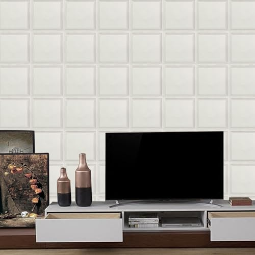 Anttyscar White Panel Wallpaper, Wood Panelling Wallpaper, 3D Natural Wood Effect Tartan Wallpapers for Walls Living Room Hallway Stairs Lounge Hall Bedroom