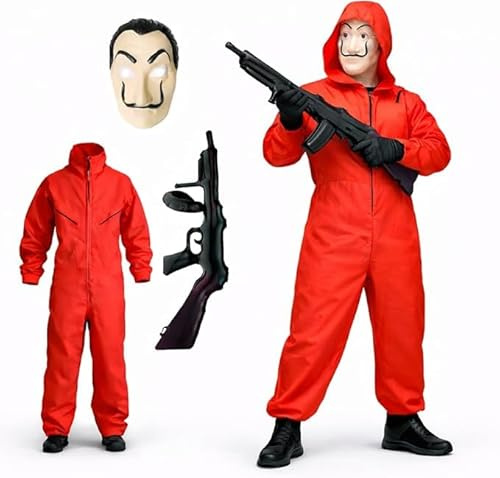FASCHINFEVER Juego de disfraz de casa del dinero 3 en 1, con máscara de Dali, mono rojo unisex, rifle inflable para Halloween, carnaval como disfraz para hombre y mujer