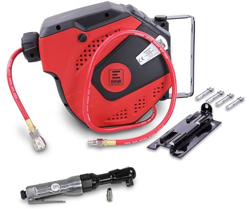 ENVA Druckluft Ratschenschrauber 1/2 + Automatischer Druckluftschlauch Aufroller 10 m Druckluftschlaumtrommel mit Auotmatik Stopp Funktion & Ratschenschraubendreher bis 68Nm