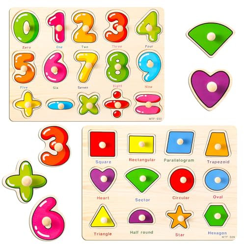 GSrenyu 2 Pack Wooden Puzzles Toddlers Jigsaws for 3 4 5 Year Olds Kids Personalised Numbers Shapes Puzzle Educational Learning Toys for Boys Girls