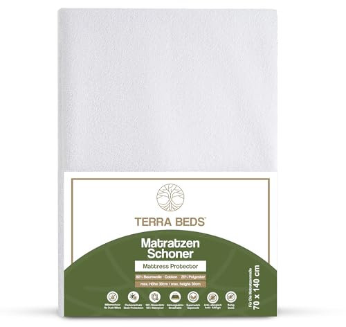 Terra Beds Matratzenschoner 70x140 cm, 100% wasserdichte Matratzenauflage, atmungsaktives und superweiches Baumwollmaterial, geräuschlos, Oeko-TEX-Zertifiziert, Fleckenschutz und waschbar
