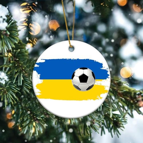 Weihnachtsbaumschmuck mit Fußball-Thema, Ukraine, Länderflagge, patriotischer Porzellananhänger, Feiertagsdekoration, dekorative Keramik-Porzellan-Weihnachtskugel, Geschenk für Freunde, Kollegen,