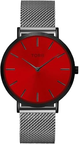 TORII Damenuhr Rot Edelstahl - rund Quarz B38SM.TB Milanaise-Armband Strichindizes wasserdicht 50 m