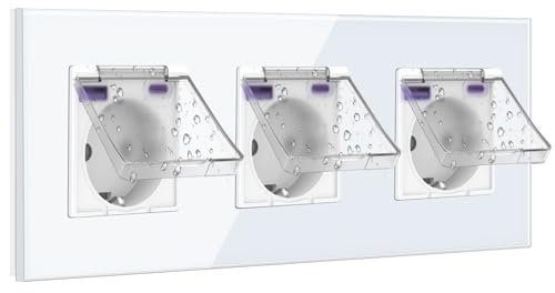 BSEED Enchufe Schuko 20W Cargador Rápido con Tapa Impermeable, Enchufe Empotrada con USB C, Enchufe 16Amp Ideal para Habitaciones Húmedas, Uso en Interiores, 3 Gang Blanco