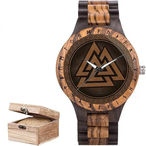 DYCZMALQ Holzuhr für Männer, Wikinger Baum des Lebens Handgefertigte Gravierte Holzuhr Verstellbares Band passt mit Holzuhr Geschenkbox (Schwarz)