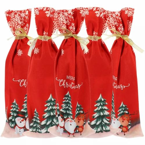 5 Pcs Christmas Wine Bottle Cover Bag Drawstring Bag for Wine Santa Claus Gnome Tree Pattern Christmas Wine Bottle Cover Bags Christmas Xmas Party