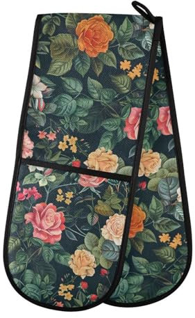 Oven Gloves Double Oven Gloves Botanical Floral Green Oven Mitts Pot Holder Heat Resistant Quilted for BBQ Baking Kitchen Cooking Gloves