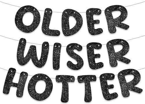 DazzJoy Glitzer Girlande Geburtstag,Schwarz Geburtstagsgirlande Erwachsene OLDER WISER HOTTER,Geburtstagsbanner Birthday Decorations,Geburtstagsdeko Frauen Männer