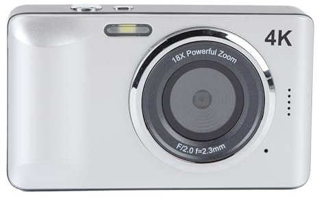 Rankomu Appareil photo numérique 4K 64 MP, autofocus compact avec zoom numérique 18x, écran de 2,8, petit appareil photo portable pour photographie, argent
