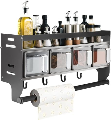 Küchenregal Wand Ohne Bohren, Gewürzregal Hängend, Gewürzregal Wand Mit Küchenrollenhalter, Gewürzständer Wand Aus Metall, Gewürz Organizer Regal Für Küchen Arbeitsplatte Schrank (mit 4 Gewürzbox)