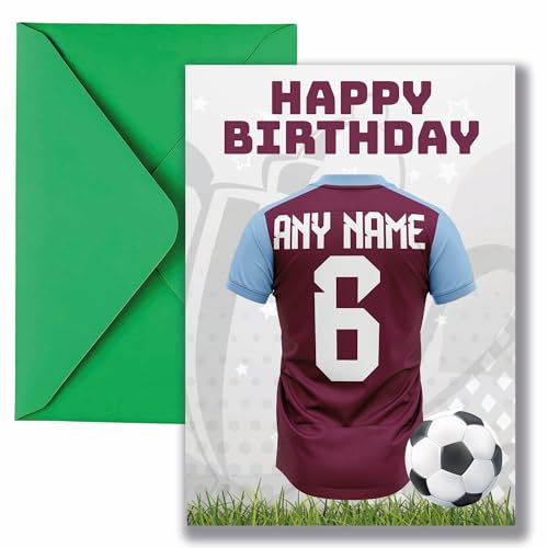 AK Giftshop Personalised Football Birthday Card, Jersey Design, A5 Size, with Green Envelope - Custom With Any Name and Number (West Ham Colours)