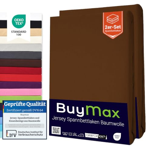 Buymax Spannbettlaken 180x200 cm Doppelpack – 2er Set aus 100% Baumwolle Jersey, 140 g/m², Rundumgummi, für Matratzen bis 25 cm, Oeko-TEX, Schokobraun | 100% Baumwolle, Jersey, Matratzenhöhe bis 25 cm