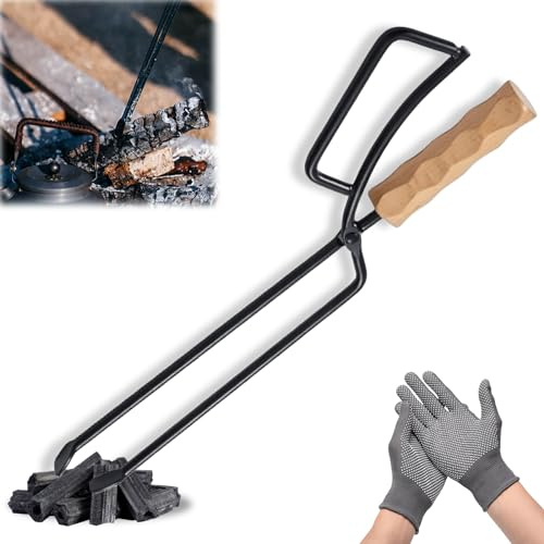 Kaminzange: 40cm Schwerlast Kaminholzzange Feuerholzzange, Universal Lange Brennholzzange, Outdoor Kohlenzange, Anti-Verbrühung Feuerholzzange für Lagerfeuer und Kaminöfen mit Paar Handschuhe