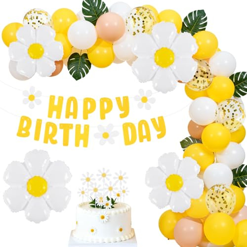 Ainiv Gänseblümchen Geburtstagsparty Dekorationen Set | Happy Banner und Ballon Set, Boho Ballon Gänseblümchen, Blumen Kuchenaufsatz für Partys, Geburtstage