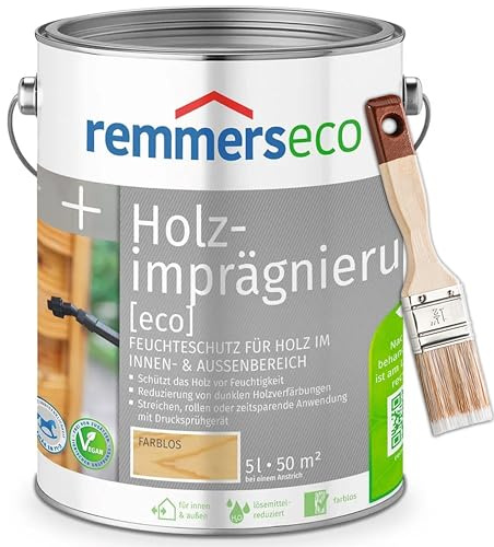 RemmersSet Holzimprägnierung [eco] – Holzschutz Imprägnierung & Grundierung für Innen- & Außenholz, Vorbehandlung für Lasuren & Farben + Hardy Pinsel – Bandloo Set (Farblos, 5 L)