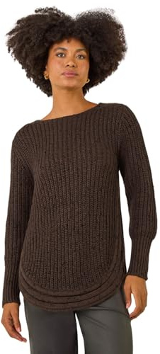 Roman Women Ribbed Jumper for Women UK Ladies Curved Hem Sweater Stitch Detail Pullover Chunky Knitwear Knit Winter Autumn Textured Oversized Soft Cosy Comfy - Chocolate - Size 16