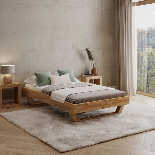 skølm Nornir Massivholzbett 120x200cm, Massivholz Eiche Bettrahmen in Natur | Bettrahmen aus Massivholz, hochwertiges Holzbett mit Kufen Bettbeine, Bettgestell geölt, geeignet als Doppelbett Schlafzimmer