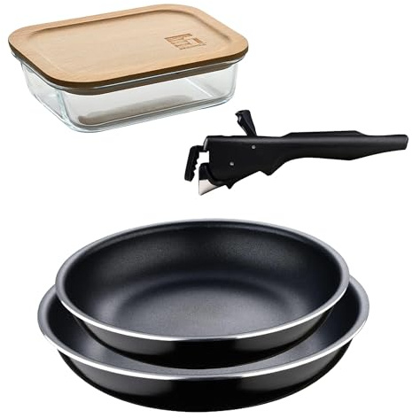 Bergner Click&Cook Juego de 2 Sartenes Ø22cm y Ø26cm con Mango extraíble en Aluminio prensado+Hermético de 650ml en vidrio de borosilicato