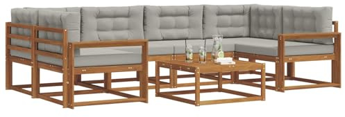 vidaXL Outdoor-Sofagarnitur mit Kissen 7 pcs Natürlich und Hellgrau, Modernes Outdoor-Sofaset, langlebige Gartenmöbel für Patio, Poolbereich, Hinterhof-Couch und modulares Sofa.