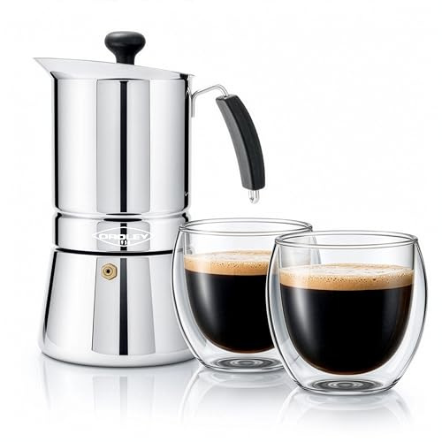 Oroley - Cafetera Italiana Arges + 2 Tazas de Doble Cristal 100ml | Capacidad 9 Tazas | Apta para Vitrocerámica, Fuego y Gas | Estilo Tradicional | Color Gris