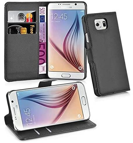Cadorabo Hülle kompatibel mit Samsung Galaxy S6 Handyhülle aus Premium Kunst Leder Flip Klappbare Stoßfeste Magnetische [Standfunktion] [Kartenfächern] Cover Hülle für Galaxy S6 Tasche in Schwarz