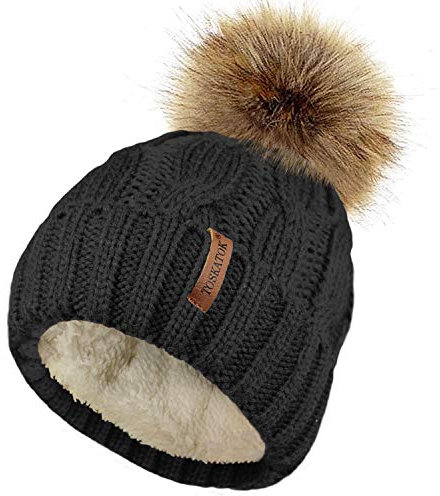 TOSKATOK Damen Chunky weichen Kabel Stricken Hut mit gem�tlichem Fleecefutter und abnehmbarem Kunstpelz Pompom-Black