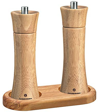 Zassenhaus Set Salzmühle & Pfeffermühle Frankfurt Bambus 18 cm & Untersetzer Olivenholz