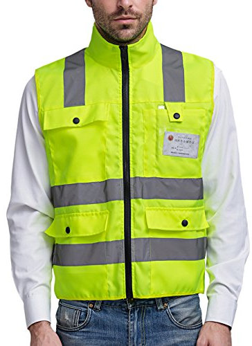 Camilife Herren Stehkragen Warnwesten Reflektierende Westen Sicherheitsweste Hohe Sichtbarkeit Multi-Tasche Mehrfunktional - Fluoreszenz Grün Größe M