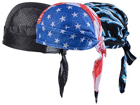 Vertvie 3 Stück Kopftuch Atmungsaktiv Sports Bandana Cap Bikertuch Bandanas Hat Radfahren Mütze Herren Damen (One Size, Schwarz + Flaggenprint + Blitzdruck)