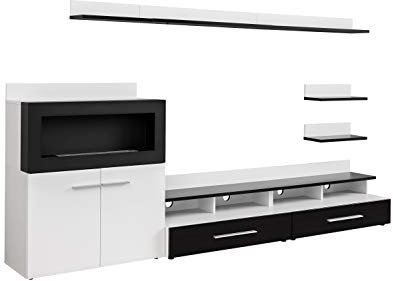 MB Muebles Bonitos, Conjunto de Mueble de Salón Erica con Chimenea de Bioetanol, Diseño Modular Moderno, Color Blanco y Negro, Ancho 290 cm