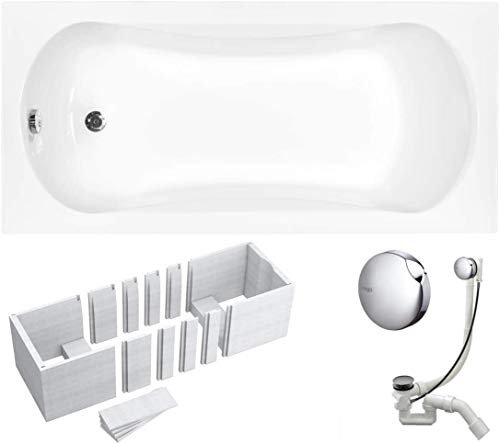 VBChome Badewanne 150x70 cm Acryl SET Wannenträger Siphon Wanne Rechteck Weiß Design Modern Styroporträger Ablaufgarnitur in Chrom Viega Simplex (150x70 cm)