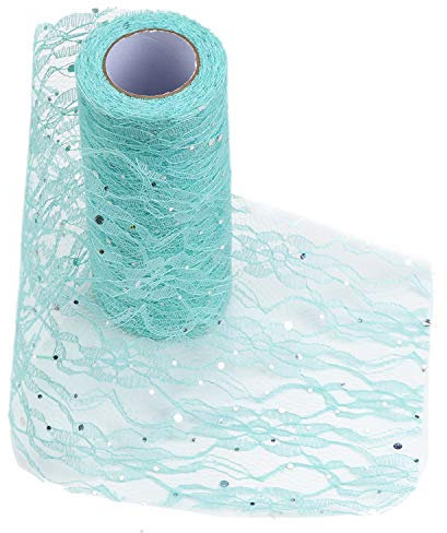 TsunNee Lace Chair Sash, Spitzen Tischläufer, Tutu-Material, Spitzenschleife für Hochzeitstischdekoration, 15cm x 9,1m, Pailletten, Tiffany-Grün