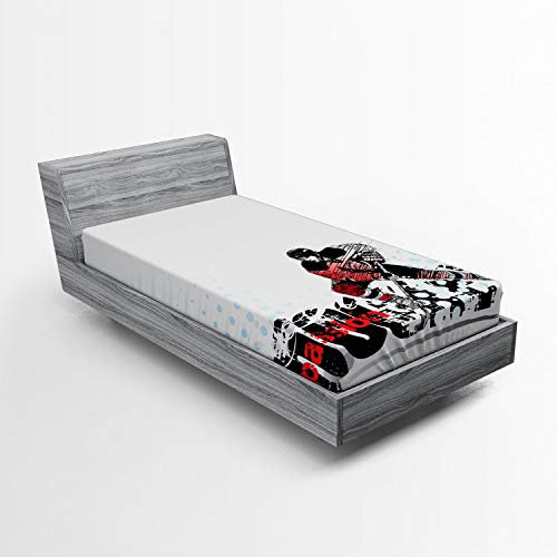 ABAKUHAUS Eishockey Spannbetttuch, Goalie Spiel Artwork, Soft Dekorativer Stoff Bettwäsche Rund-um Elastischer Gummizug, 90 x 200 cm, Rot Schwarz