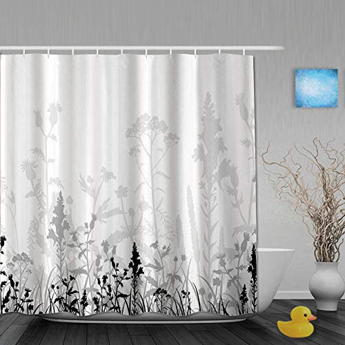 Rideau de douche,Fleurs Bourgeons Feuilles Plantes Abstrait Ombre Toile de Fond avec Fleurs Florales Blanc Noir,Tissu Ensemble de Décor de Salle de Bain avec 12 crochets en plastique,180x210cm