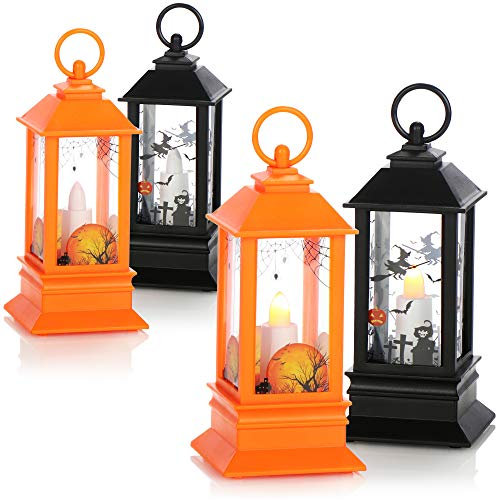 COM-FOUR® 4x Halloween-Laterne mit LED-Licht, batteriebetriebenes Windlicht mit Lachen als Soundeffekt für Kinder zu Fasching, Karneval, Halloween (04 Stück - orange. schwarz)