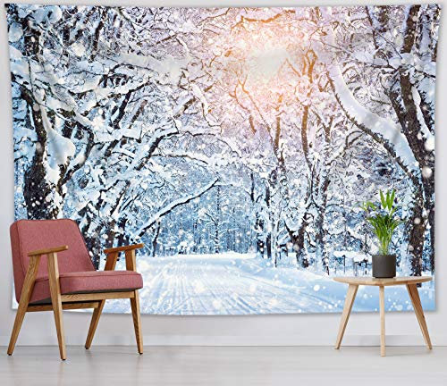 LB Wandteppich Schneewald Wandtuch Winter Wandbehang Bäume und Sonnenuntergang Tapisserie für Wohnzimmer Schlafzimmer Wohnheim Wanddeko,235x180cm