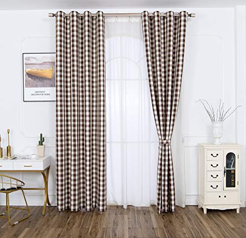Yaland Home Fashion Dekoschal Karo Vorhang gardinen Modern Kariert Scheibengardine Gingham Vorhänge mit ösen ösenvorhang (BxH 200x270cm,Kaffee) 1 Stück