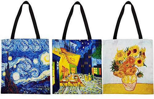 FunisFun 3 x Canvas-Tragetasche, wiederverwendbar, Einkaufstasche, große Damen-Umhängetasche, Handtasche, 3 Designs, 33 x 35 cm, Van Gogh Gemälde, 13 X 14 Inch
