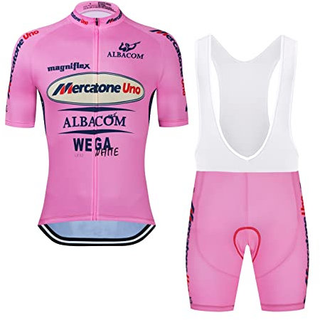 SGCIKER Marco Pantani Rosa Pro Team Retro Mercatone Uno Fahrradtrikot Set Herren Sommer Kurzarm Atmungsaktiv MTB Fahrradbekleidung Trägersets 9D Gel Pad(XL)
