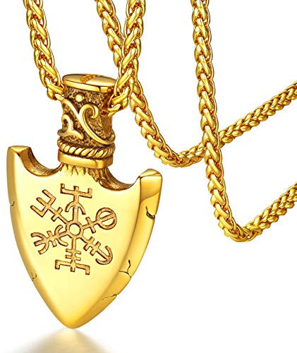 FaithHeart Vergoldet Kompass Anhänger Retro skandinavischer Armulett Herren Vikinger Schild Anhänger Vegvisir Halskette für Kinder und Jugendlichen