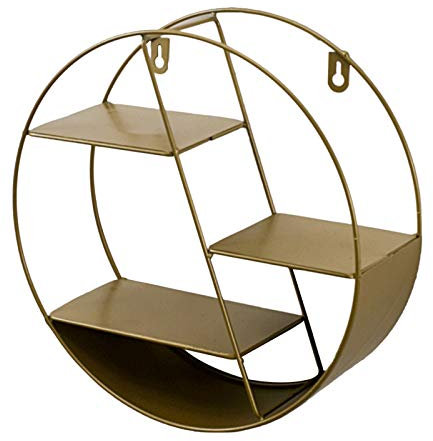 SWECOMZE Hexagon/Rundschreiben Wandregal Regalbrett Schweberegal Hängeregal, Wandregal Küchenregal Rund aus Holz und Metall für Büro Wohnzimmer Schlafzimmer (Golden,Runde Form)